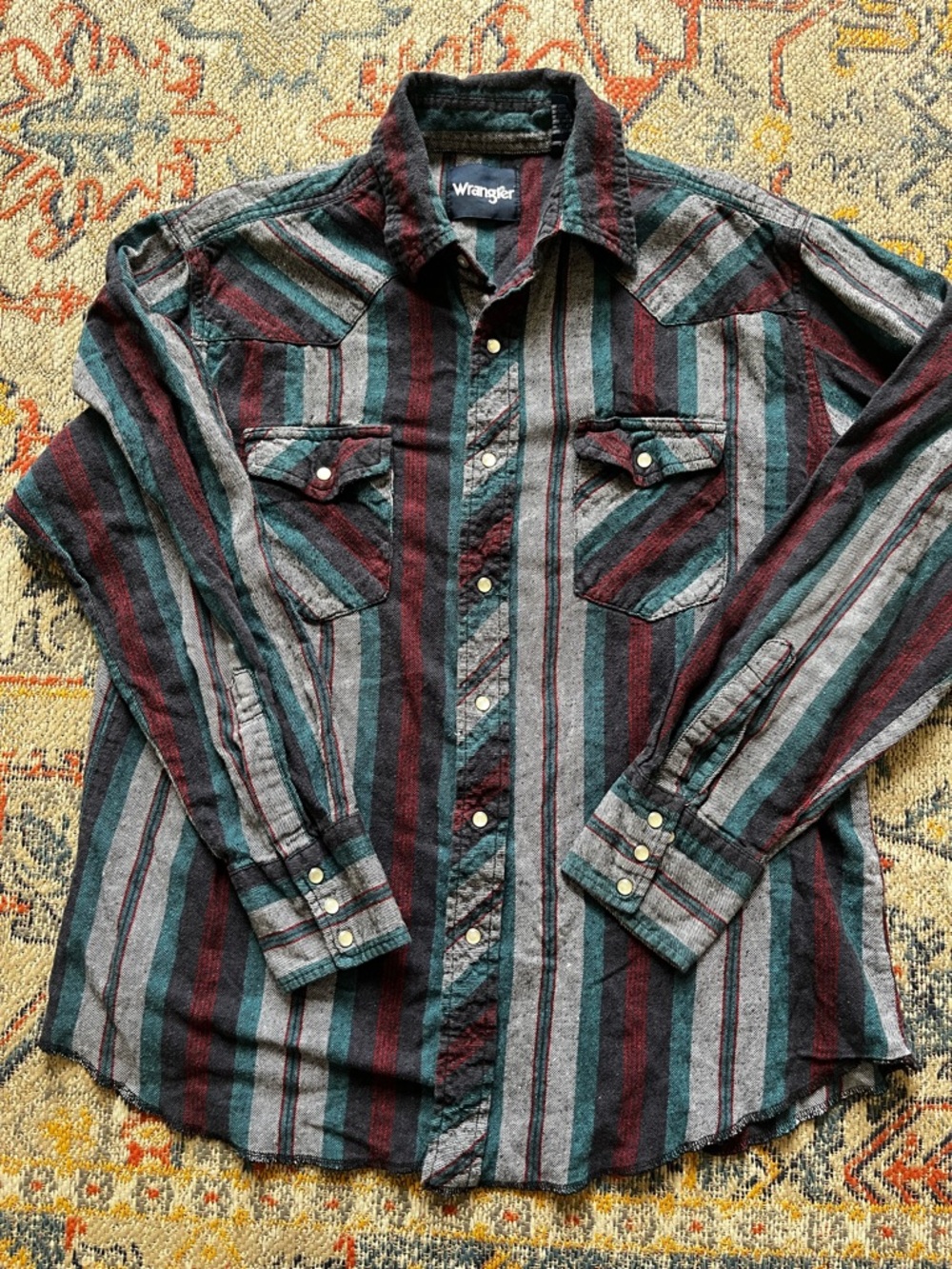 Wrangler Striped Button-Up Shirt in Teal, Red, Gray